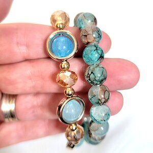 Turquoise & Gold Beaded Stretch Bracelet Set – 2-Piece Stack – NEW